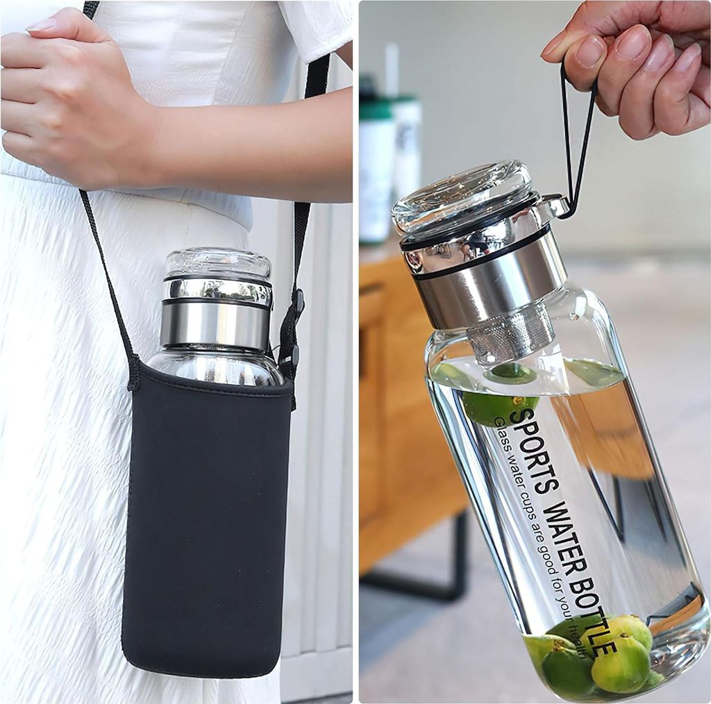 JGS Premium - Glasflasche 1 Liter mit Schutzhülle - Glas Trinkflasche mit Teesieb - Wiederverwendbare Glasflasche mit Deckel - Ideal für Wasser -...