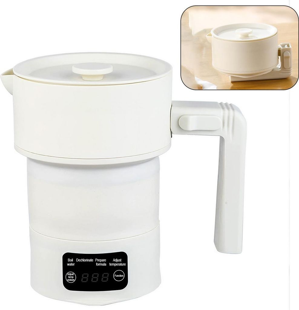 faltbarer mini wasserkocher 600ml, 550W reise elektrokocher, silikon bpa-frei, 4 temperaturvoreinstellungen, ideal für hotel, büro, outdoor