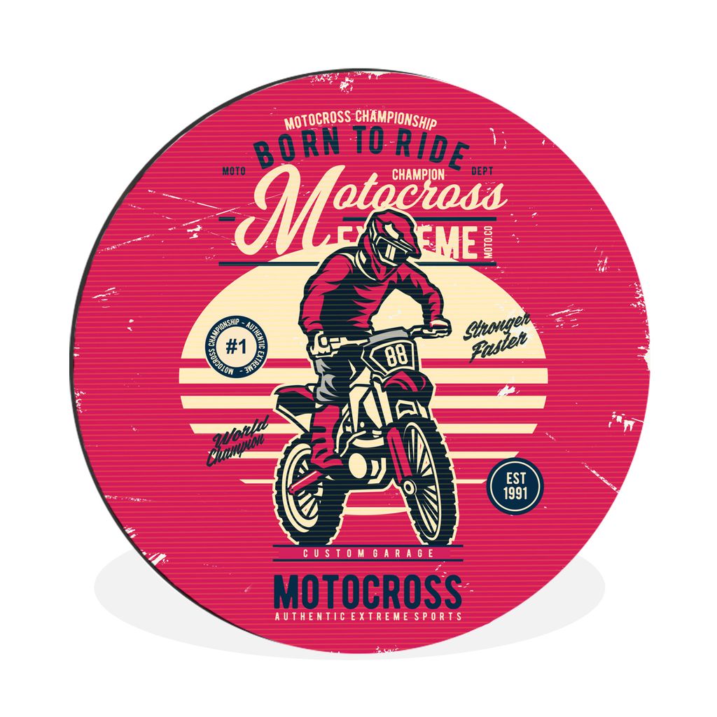 MuchoWow Aluminium Wandkreis Motocross - Mann - Zeichnung - Retro Ø 60 cm Wanddeko Modern Wohnzimmer - Wand Kreis - Wandbild - Schlafzimmer - Al...