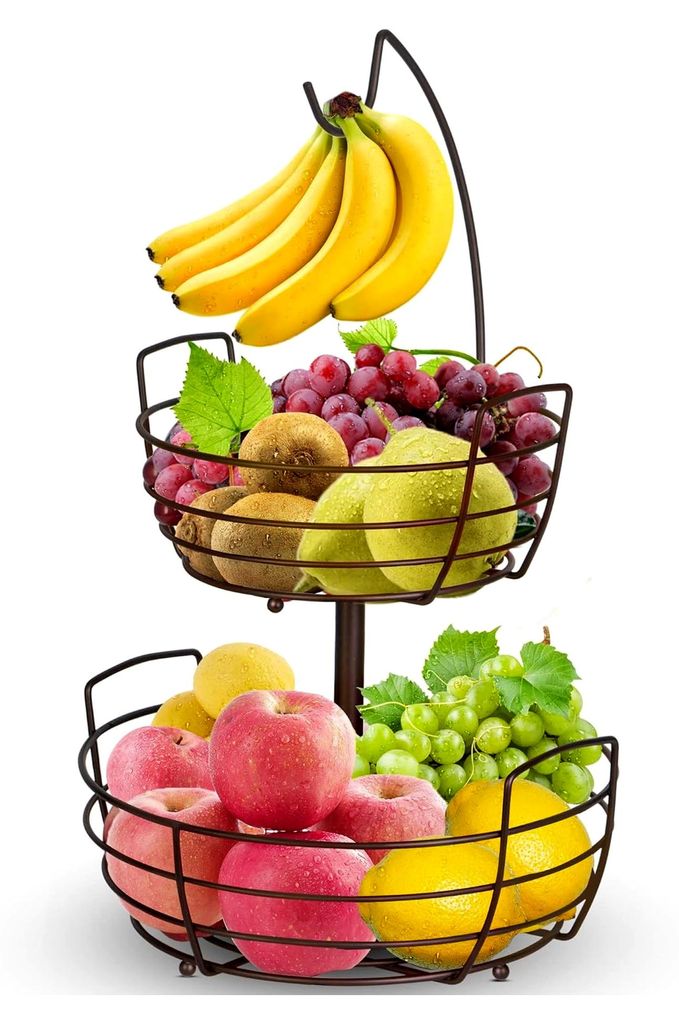 Obstschalen Obstkorb 2-stufig mit Bananenhalter, Brotkorb Gemüsegestell, Bronze