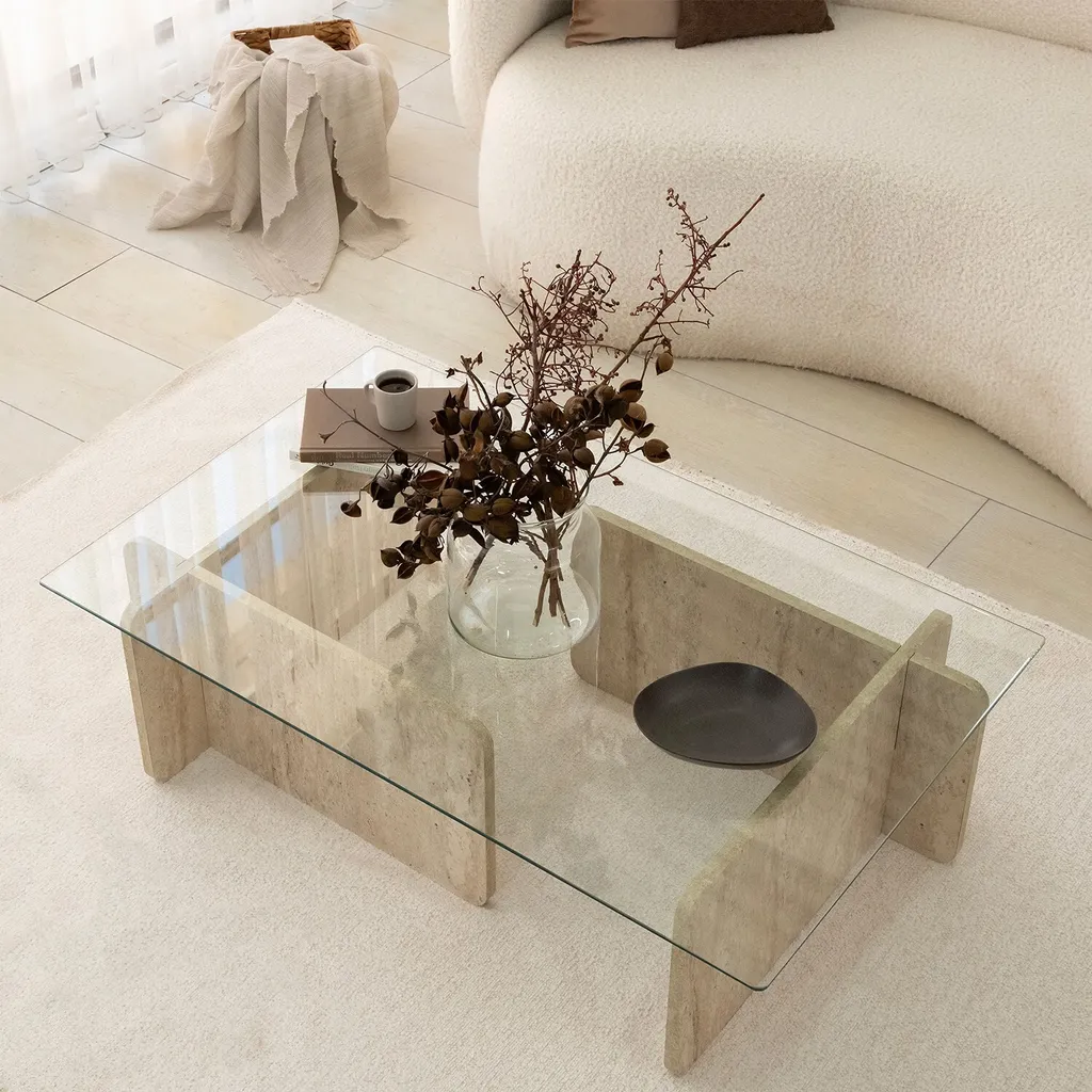 Table basse robuste en travertin et verre 105 cm : design durable - 3