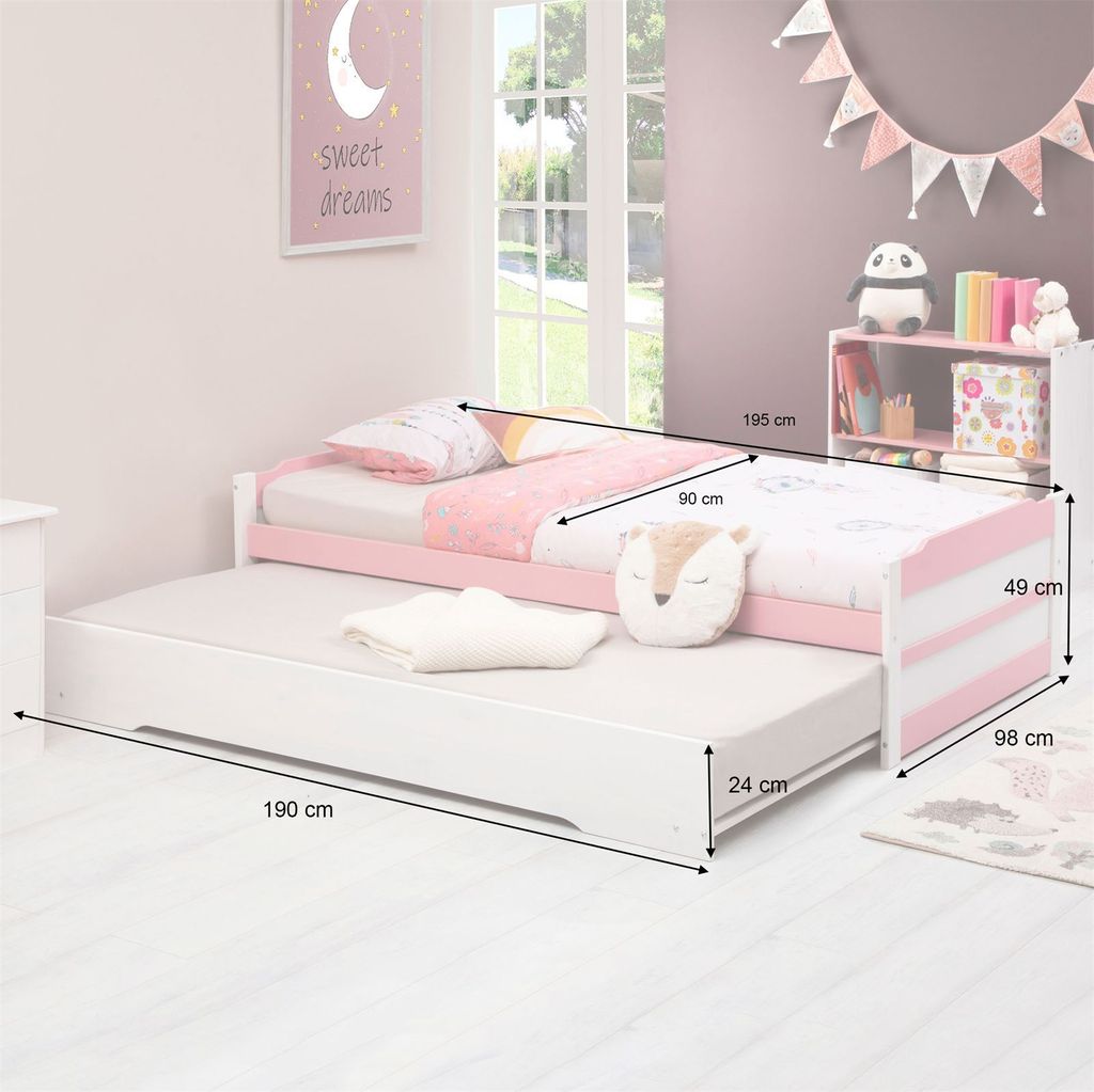 Ausziehbett LORENA in 90 x 190 cm, schönes Kinderbett aus Kiefer massiv in weiß/rosa, praktisches Jugendbett mit Auszugskasten