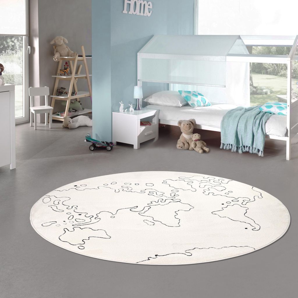 Kinderzimmerteppich 3D-Effekt Weltkarte als Muster in creme Größe - 80 cm Rund