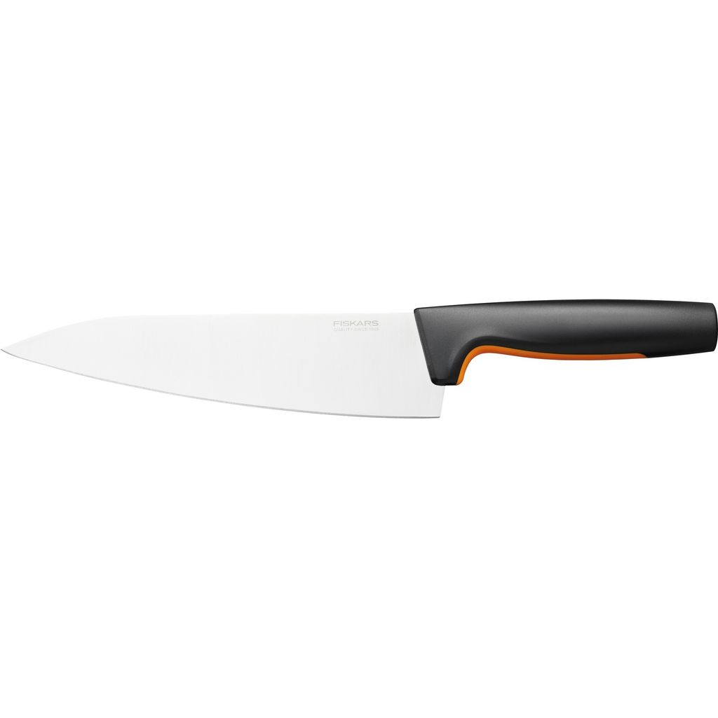 A white chef's knife with a black and orange handle is shown against a white background.