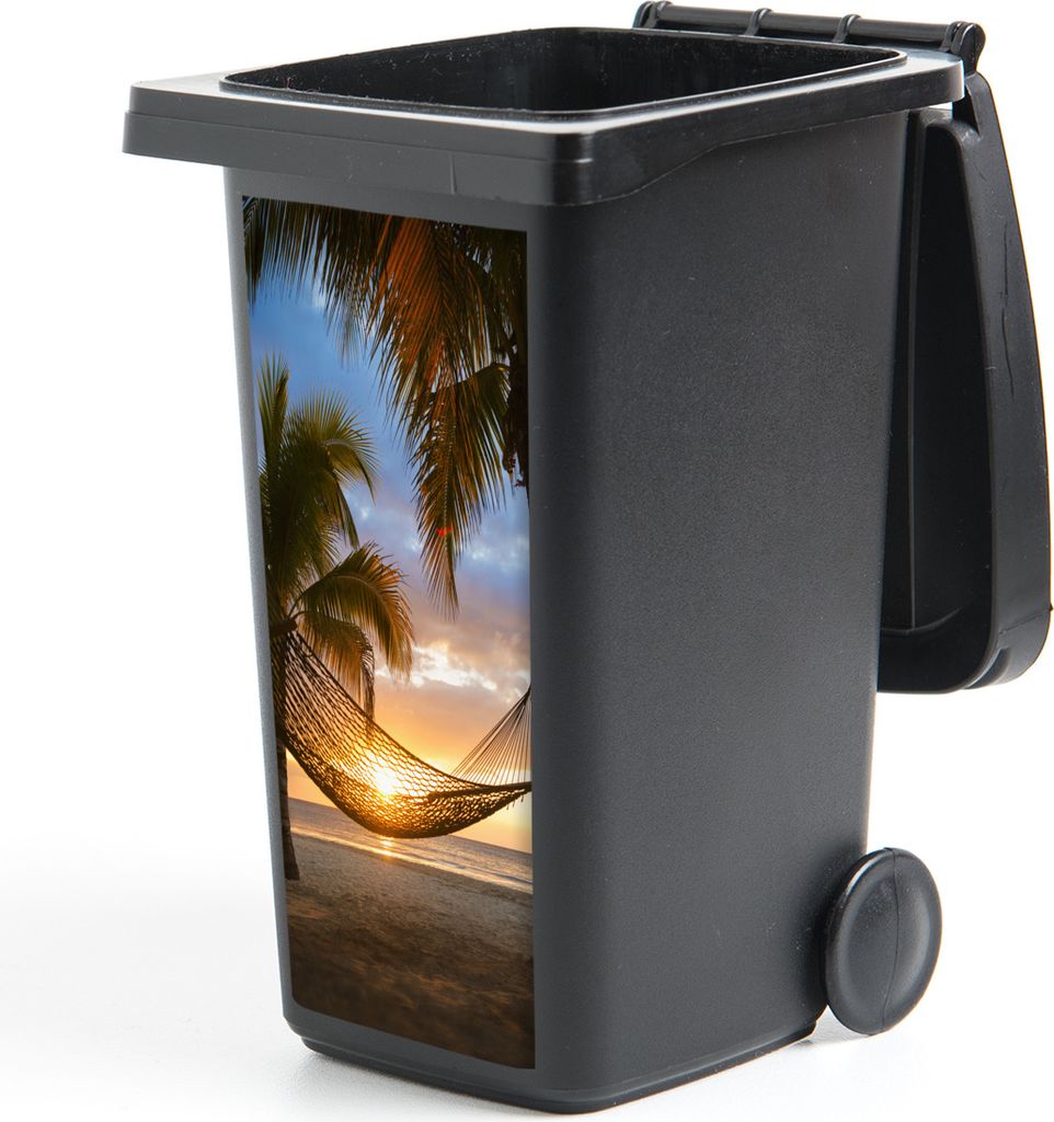 MuchoWow Mülltonnenaufkleber Sonnenuntergang - Hängematte - Palme 38x80 cm - Behälteraufkleber - Mülleimer-Aufkleber - Container-Aufkleber