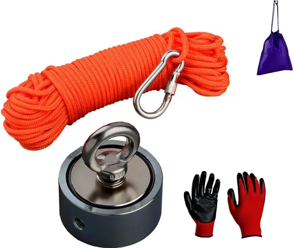 Aimant de Pêche Double Face 140kg avec Corde de 15m et Grappin