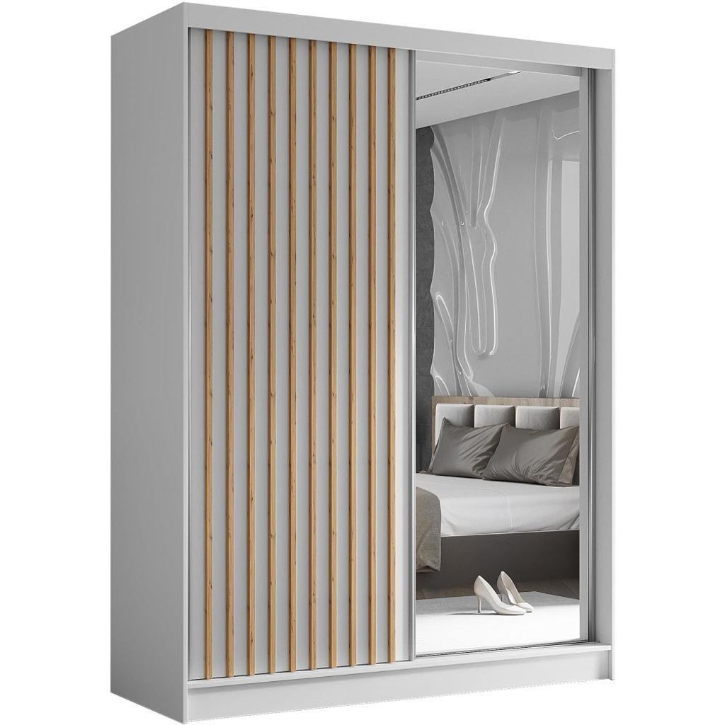 Schwebetürenschrank HELIX 160cm Weiß/Artisan– 2-türig, Kleiderschrank mit Lamellen & Spiegel & Schiebetüren