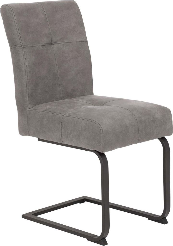A single gray upholstered chair with a cantilever base.