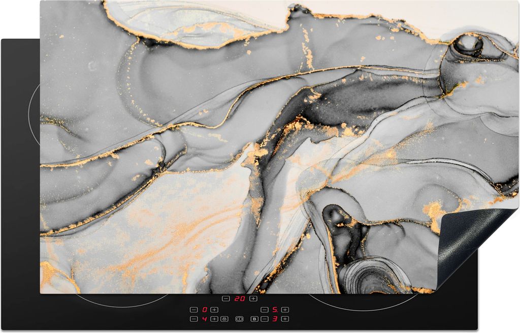 KitchenYeah Herdabdeckplatte Marmor - Gold - Grau , 85x52cm, Küche Deko, Glaskeramikfeld Herdabdeckung, Abdeckplatte fùr Kochfeld