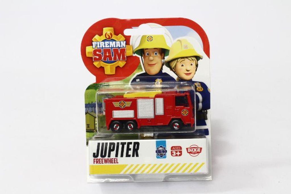 A toy fire truck in its packaging, featuring characters from Fireman Sam.