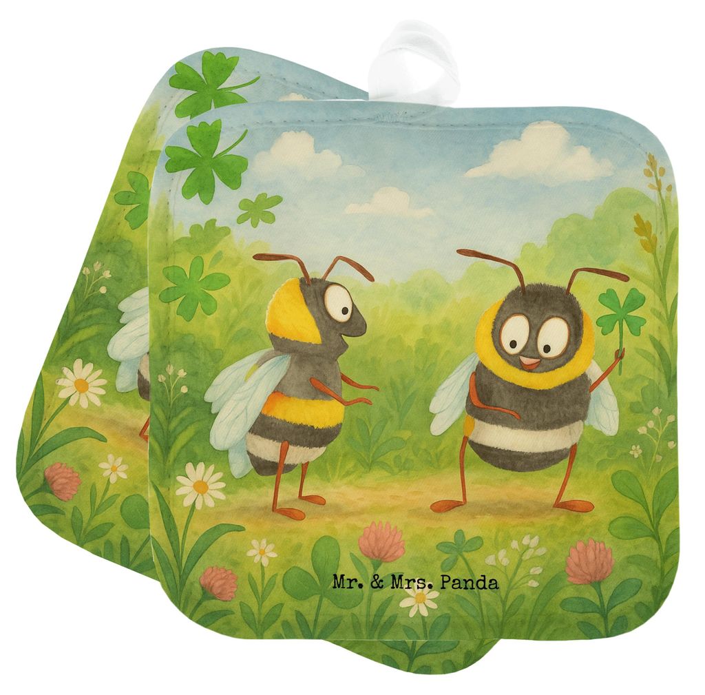 Mr. & Mrs. Panda Topflappen Hummeln Kleeblatt Design - Weiß - Geschenk, Biene Deko, im Doppelpack, Topfuntersetzer, Set, Hummel, Ofenlappen, Lusti...