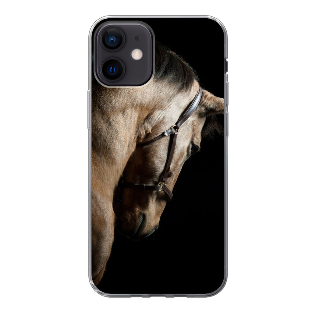 MuchoWow Handyhülle Schutzhülle Hülle für iPhone 12 Pferde - Halfter - Schwarz Silikon Softcase Handy Hülle - Schutzhülle