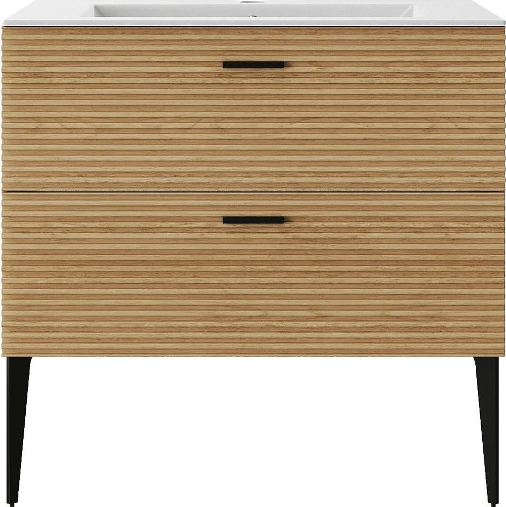 Badezimmerschrank auf Füßen mit integriertem Waschbecken, gestreift - 2 Schubladen - Helles Naturholz - 80 cm - SARONE