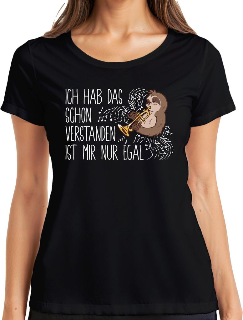 Ich hab das schon verstanden Faultier Trompete Musikfan Sarkasmus Damen T-Shirt, Schwarz, XXL