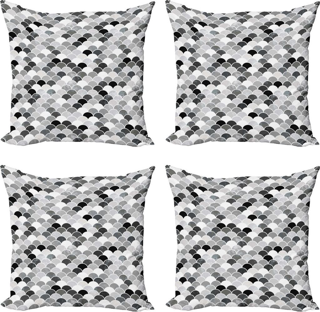 ABAKUHAUS Fisch Kissenbezug Set (4 Stück), Squama Motiv und Skalen, Moderner Doppelseitiger Digitaldruck, 50 cm x 50 cm, Schwarz, Grau, Weiß
