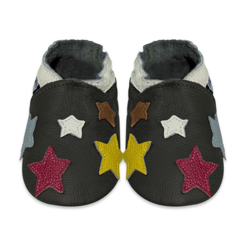 MEJALE Baby Krabbelschuhe aus Echtleder, weiche Lauflernschuhe für Mädchen&Jungen, rutschfeste Ledersohle, Grau, Sternmotiv, Größe XL (18–2...