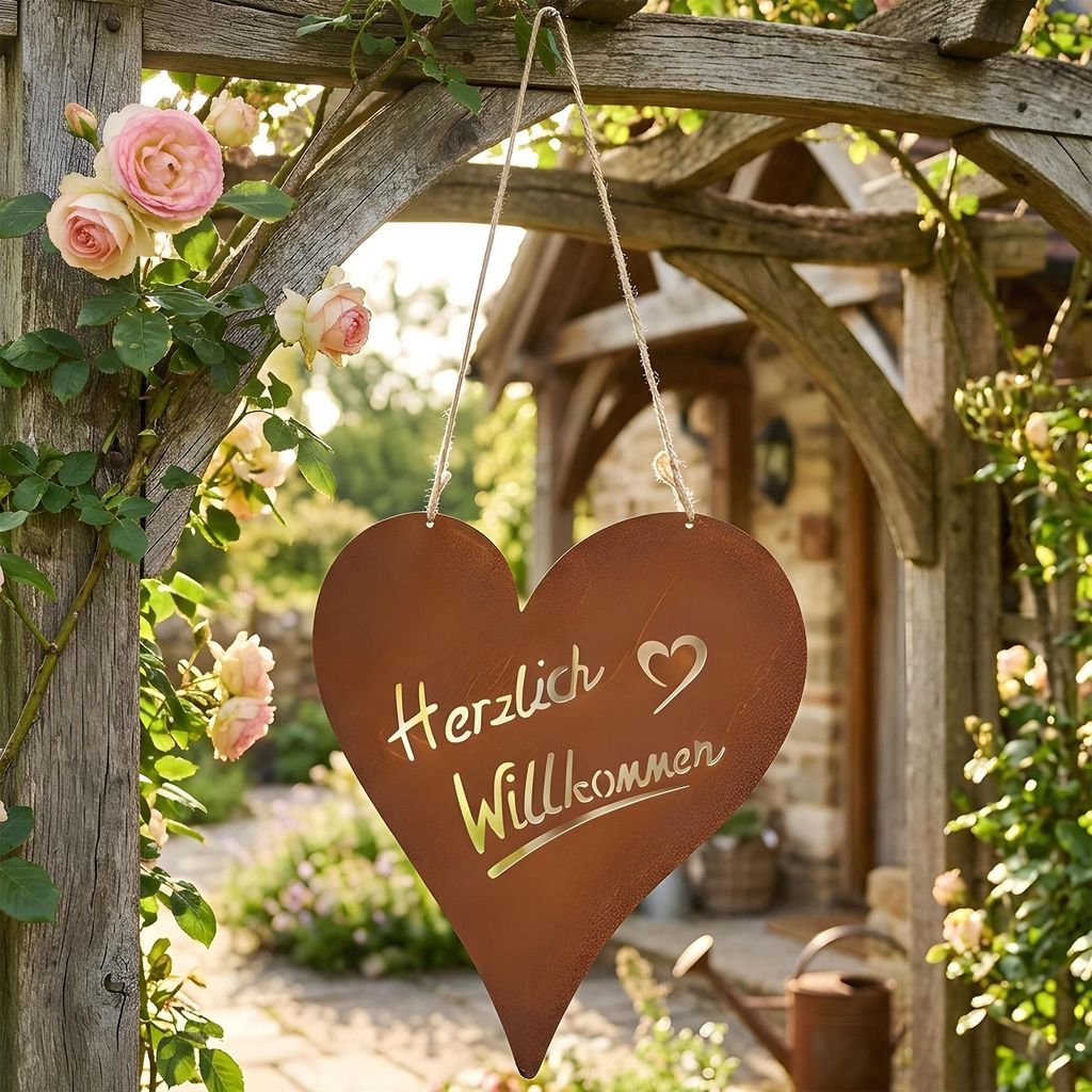 Schild Herzlich Willkommen Herz 18x20cm Garten-Deko Produktbild 