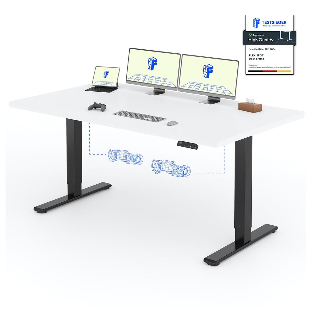 A white standing desk with dual monitors, a laptop, keyboard, mouse, and controller shown on top. Blue wireframe diagrams illustrate the desk's lifting mechanism.