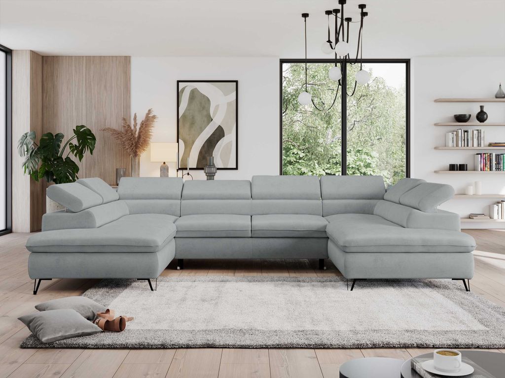 Wohnzimmersofa mit Schlaffunktion, U-form, verstellbare Kopfstützen, Bettkasten - PEDRO U - Velvet - Hellgrau