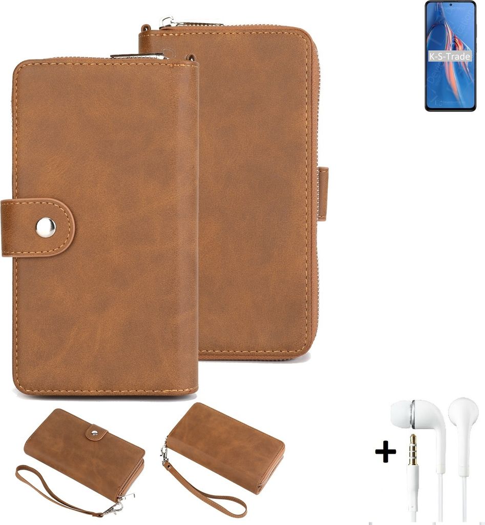K-S-Trade Handy Schutz Hülle kompatibel mit Xiaomi Redmi Note 11E Pro + Kopfhörer Portemonnee Tasche Wallet-Case Bookstyle-Etui braun (1x)