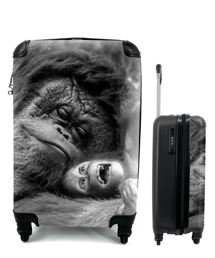 MuchoWow Koffer Handgepäck Trolley Rollkoffer Kleine Reisekoffer mit 4 Rollen - Liebender Orang-Utan mit Jungtier in Schwarz und Weiß - Cabin S...
