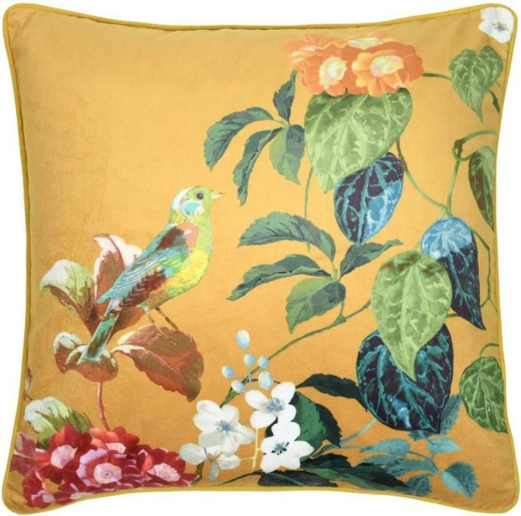 STOF | Kissen - 50 x 50 cm - senffarbe - bunte Pflanzen - Vogelmotiv - Quadratisch - mit Baumwollenzusatz