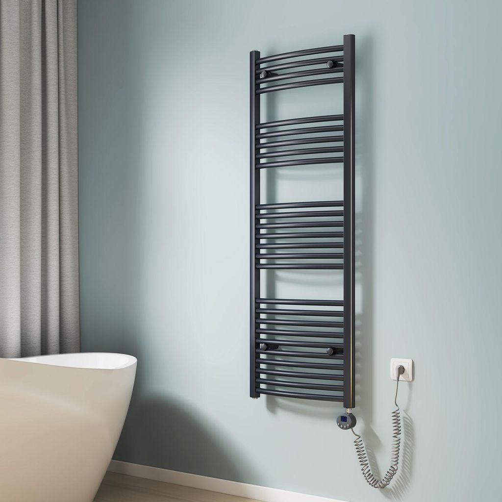 EMKE Elektrisch Badheizkörper 140X50cm 600W Anthrazit Handtuchheizkörper gebogen Wifi Steurung Intelligent Thermostat Handtuchwärmer