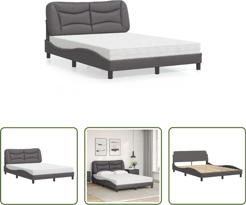 The Living Store Bett mit Matratze Grau 120x200 cm Kunstleder