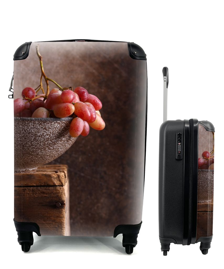 MuchoWow Koffer Handgepäck Trolley Rollkoffer Kleine Reisekoffer mit 4 Rollen - Rustikal - Weintrauben - Schale - Stilleben - Obst - Cabin Size ...