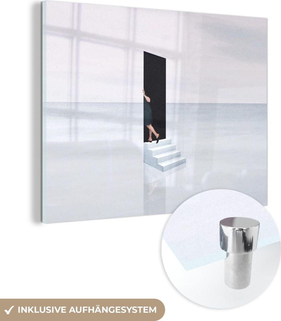 MuchoWow Glasbilder - Bilder auf Wandbild - Foto auf Glas Frau - Treppe - Abstrakt - Tür 40x30 cm Wanddekoration aus Glas - Acrylglasbild - Acrylb...