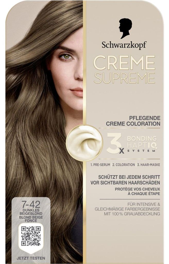 3er Set Schwarzkopf Creme Supreme Haarfarbe 7-42 dunkles Beigeblond – pflegende Coloration mit langanhaltendem Farbergebnis für natürliches Blond