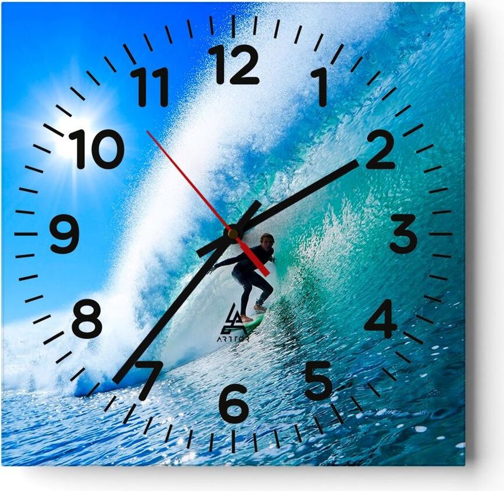Wanduhr - Quadrat - Glasuhr - Windsurfing strand ozean spaß - 40x40cm - Schleichendes Uhrwerk - Lautlos - zum Aufhängen bereit - Dekoration Moder...