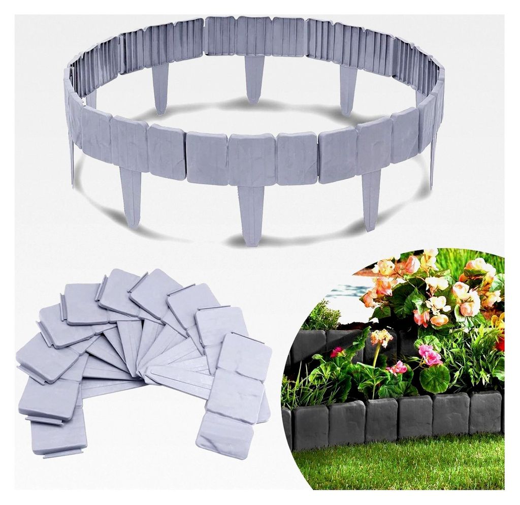Rasenkante aus Kunststoff, flexible Beeteinfassung in Steinoptik, 2,5 m, PP Beetumrandungen, Palisade für Blumen- und Gartenzaun, L 25 x H 23 cm, ...
