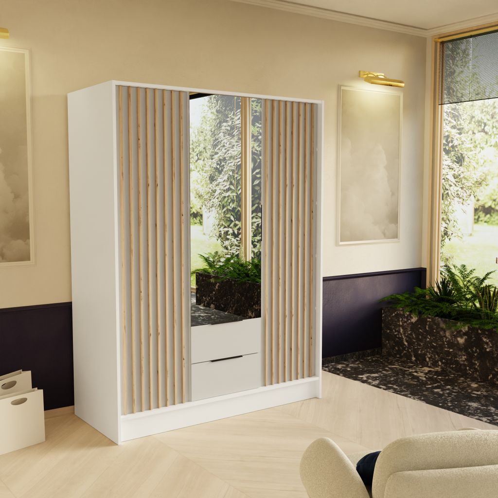 A modern wardrobe with slatted doors and mirrored panels is shown in a well-lit room with plants and artwork.