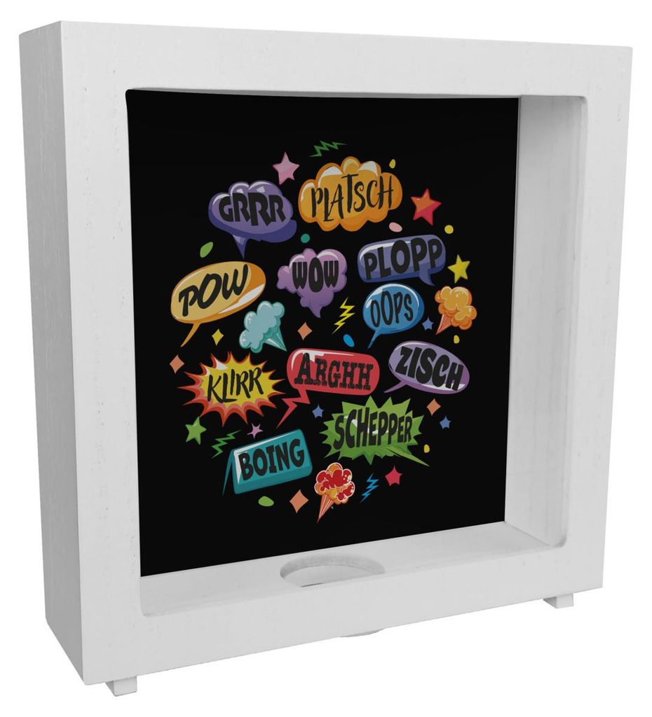 Comic Rahmen Spardose aus Holz mit Spruch: GRRR, PLATSCH, POW, WOW, PLOPP