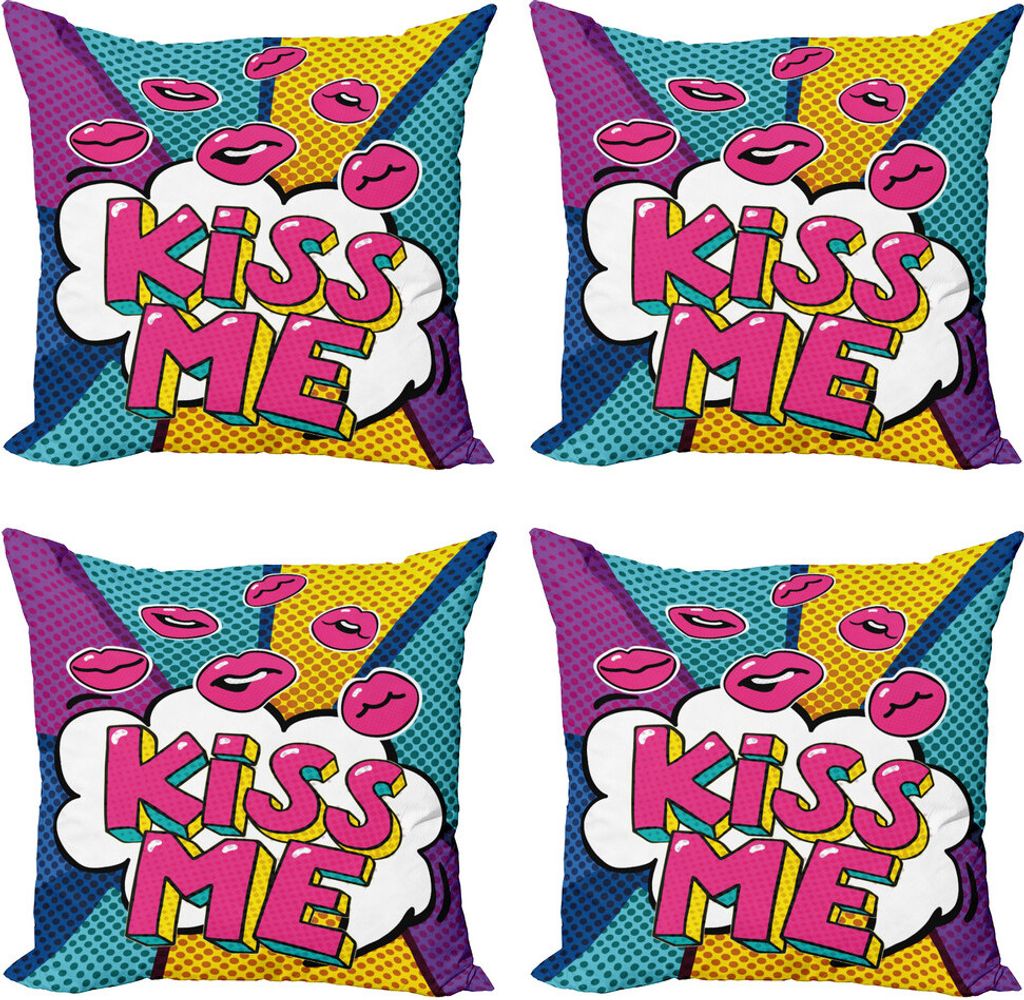 ABAKUHAUS Kuss Kissenbezug Set (4 Stück), Wort-Blasen-Pop-Art-Stil, Moderner Doppelseitiger Digitaldruck, 45 cm x 45 cm, Mehrfarbig