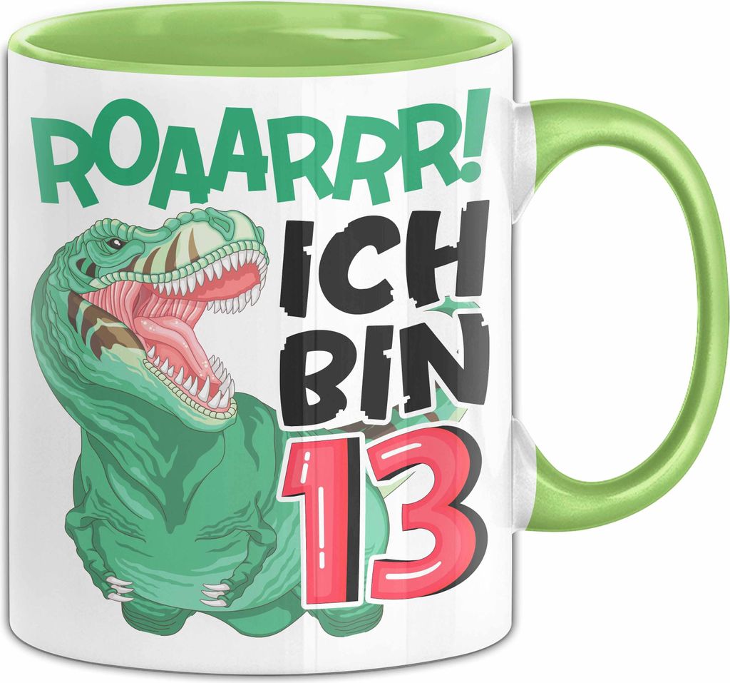 13. Geburtstag Geschenk Tasse Becher Jungs Dino T-Rex Roaarrr Ich Bin 13 Teenager (Grün)