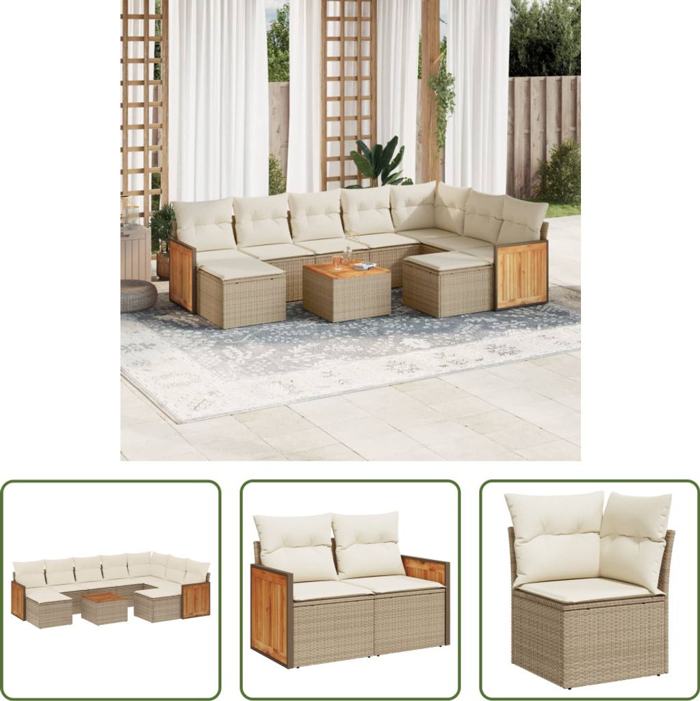 The Living Store 10-tlg. Garten-Sofagarnitur mit Kissen Beige Poly Rattan