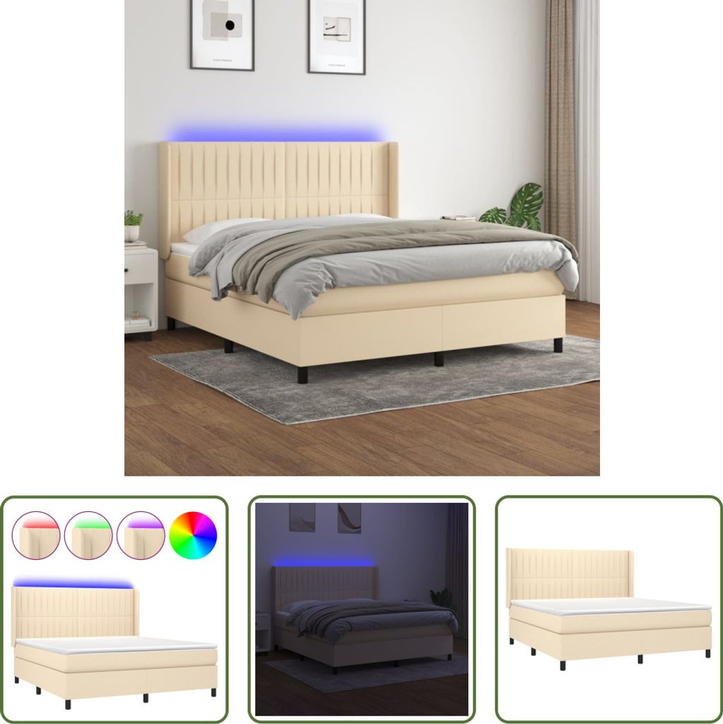 The Living Store Boxspringbett mit Matratze & LED Creme 160x200 cm Stoff