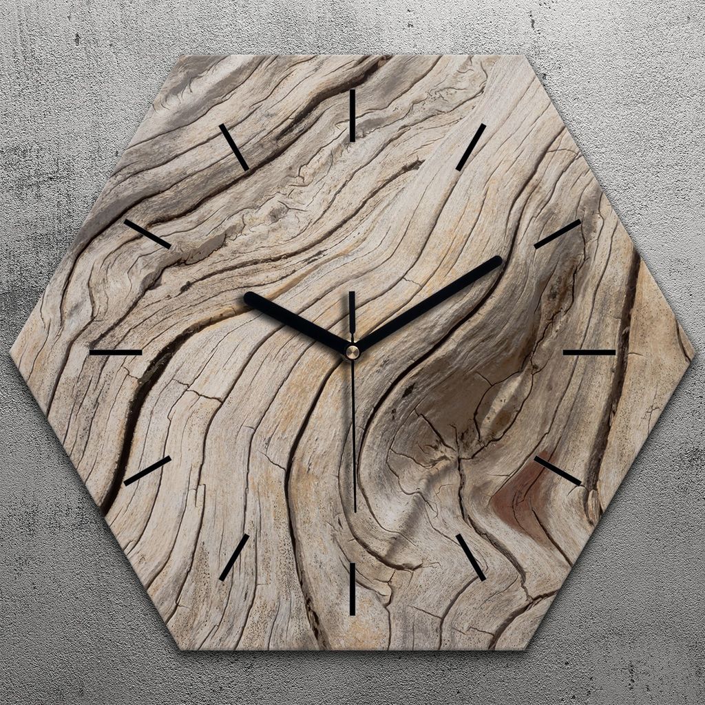Uhr hexagonal 40 cm Glas Geräuschlos schwarze Zeiger - Holz Stamm