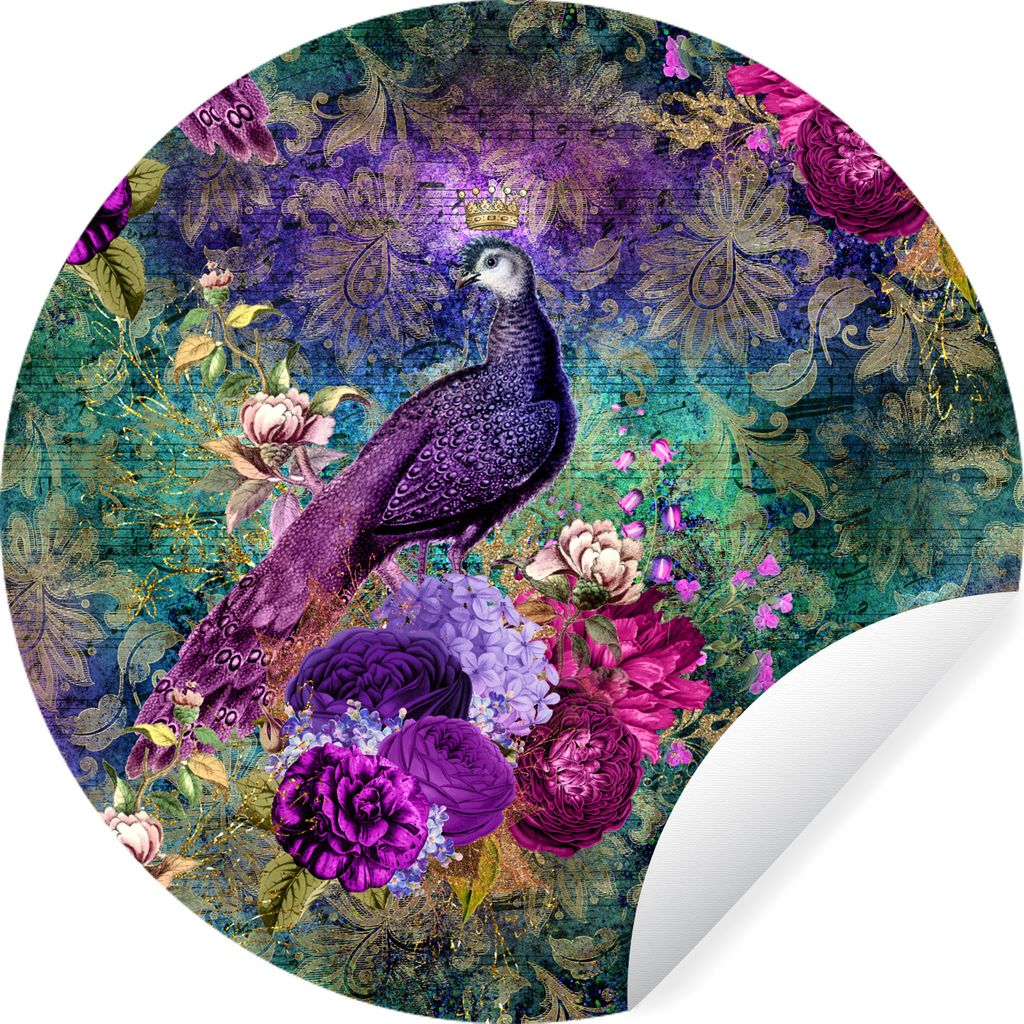 MuchoWow Runde Wandtattoo - Wandsticker Tapete Aufkleber Muster - Pfau - Violett Ø 50 cm Selbstklebend und Repositionierbar - Wandaufkleber - Kr...