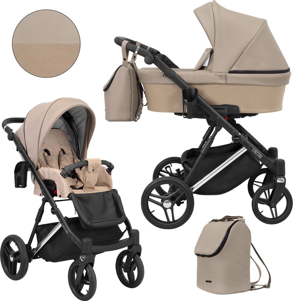 Kinderwagen LAZZIO PREMIUM Sportwagen Babywagen Babyschale Komplettset Kinder Wagen Set 2 in 1 (Cappuccino + eco, Rahmenfarbe: Silber)