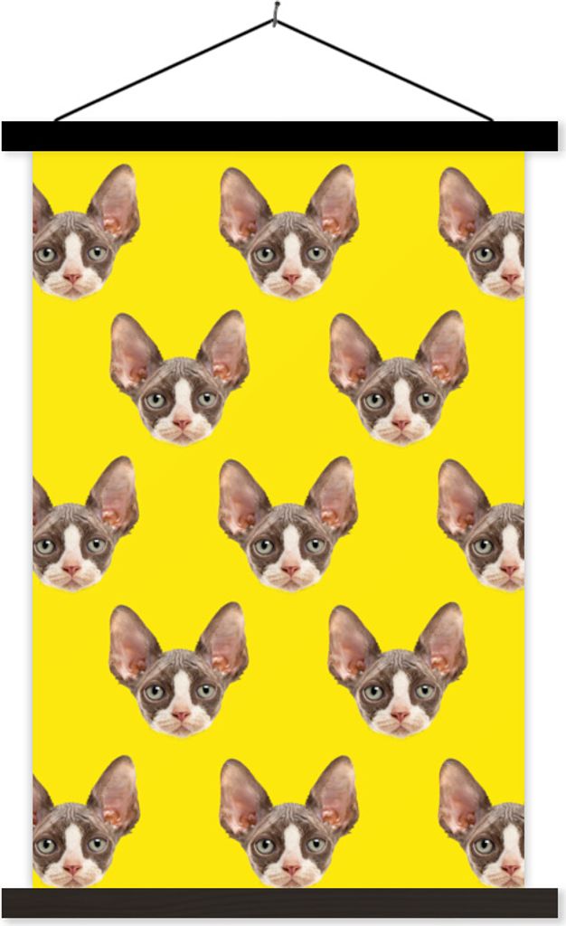 MuchoWow Textilposter Katze - Muster - Gelb 40x60 cm mit schwarzem Rahmen - Wanddekorationen
