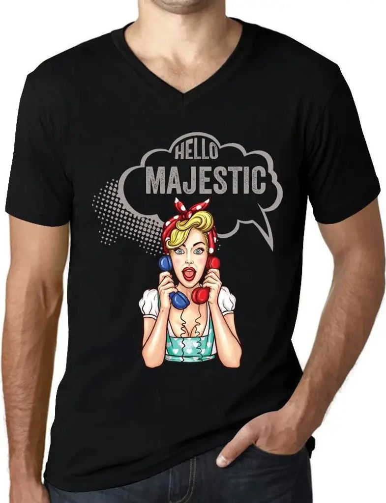Herren Grafik T-Shirt V-Ausschnitt Hallo majestätisch – Hello Majestic – Öko-Verantwortlich Vintage Jahrgang Kurzarm Lustige Druck Geburtstag...