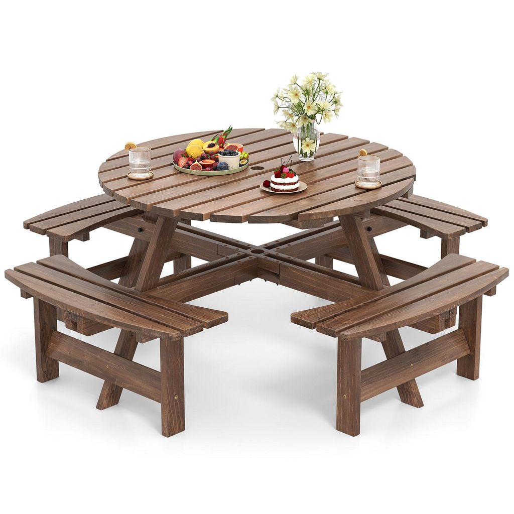 COSTWAY Gartenmöbel-Set für 8 Personen, Gartentisch mit Schirmloch & 4 Bänken, Picknicktisch Set rund, Sitzgarnitur Holz, Sitzgruppe Braun