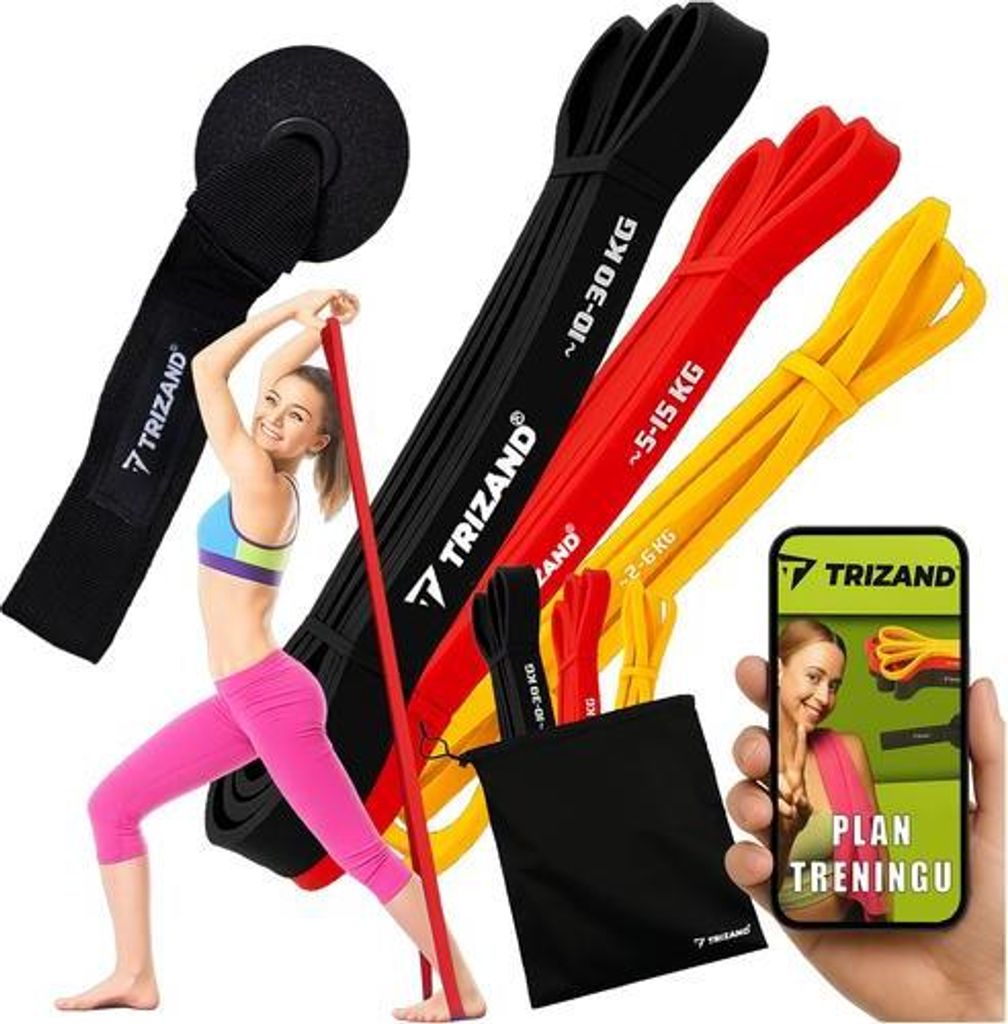 A woman is demonstrating the use of resistance bands, with various bands and a storage bag displayed.