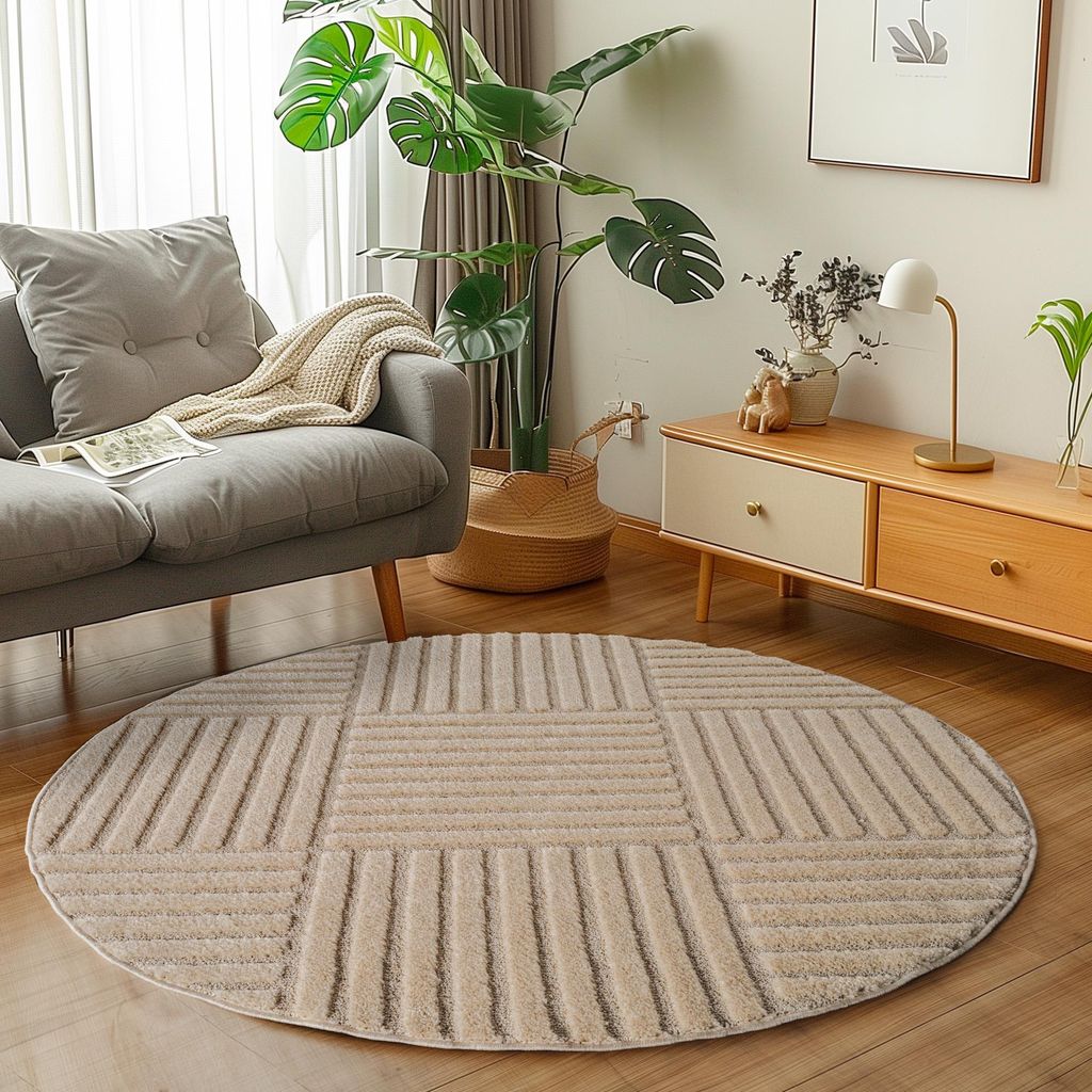 Carpetsale24 Hochflor Teppich Wohnzimmer Skandinavische Boho Design 3D Optik Teppich Shaggy Flauschig Weich, Grösse: 200 cm Rund