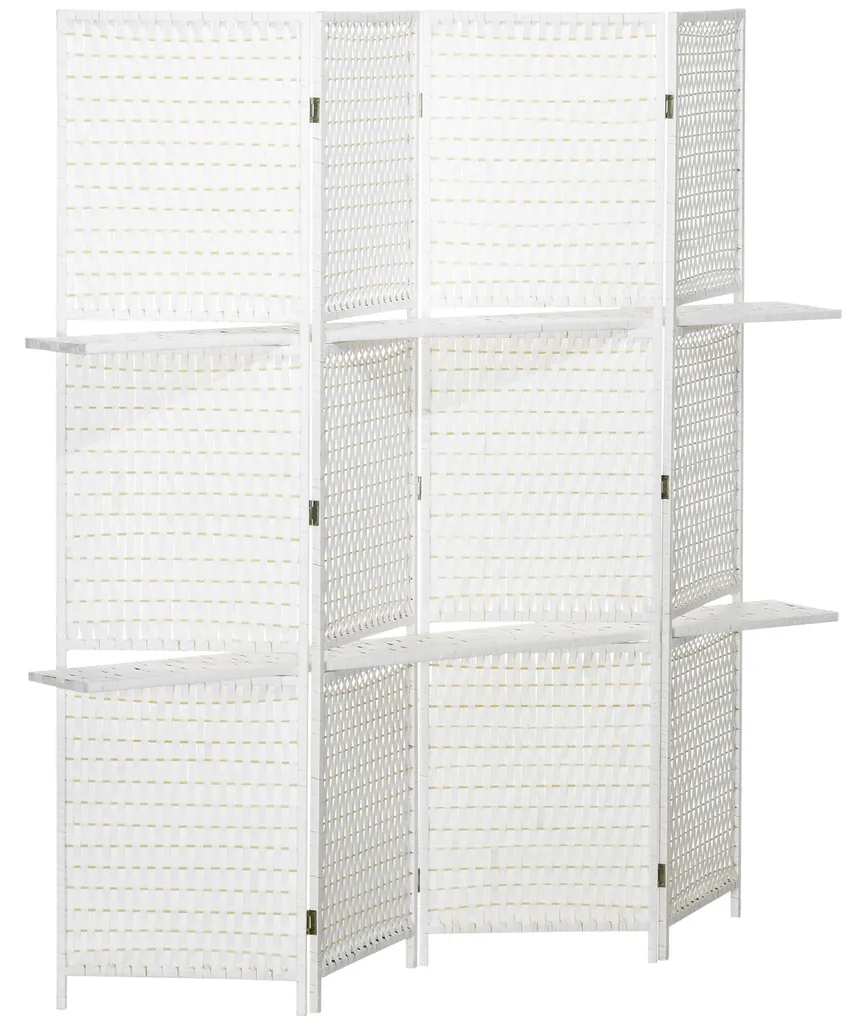 Paravent 4 volets blanc avec étagères intégrées et tressage paille