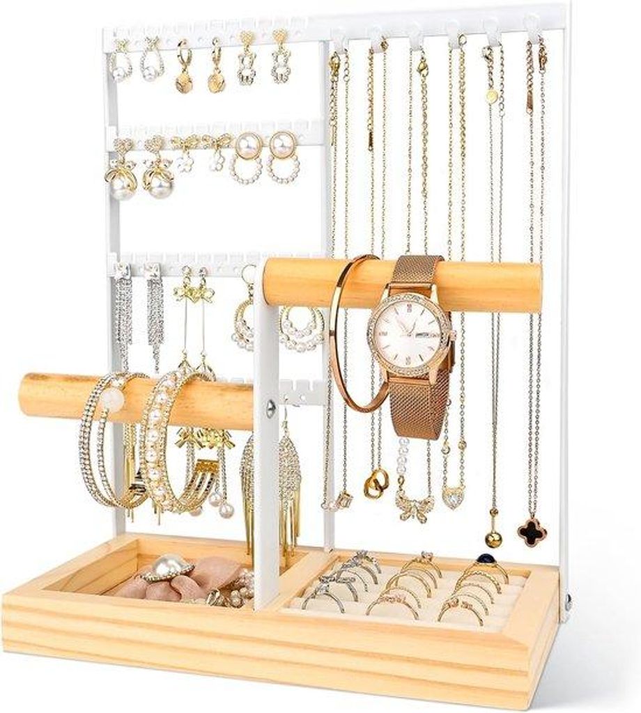 Famanu Schmuckorganizer mit Ablage, Halter für Ohrringe, Ketten, Ringe, Armbänder und Uhren, weiß