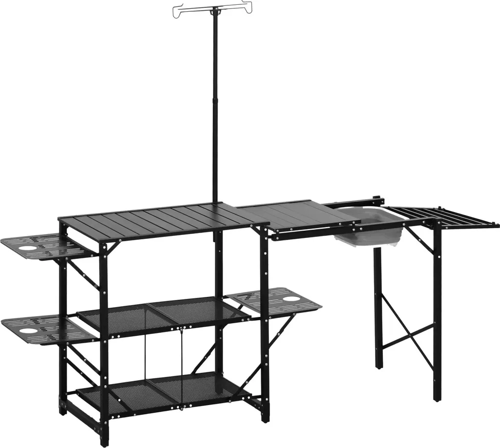 Table de cuisine camping avec porte-lampe et étagères de rangement 120cm